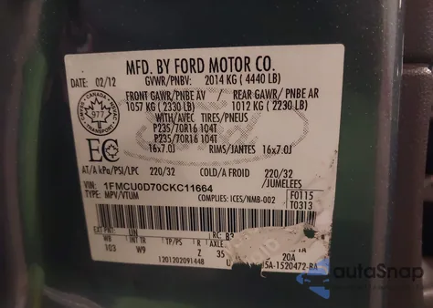 2012 Ford Escape Xlt из США, поврежденный, VIN 1FMCU0D70CKC11664